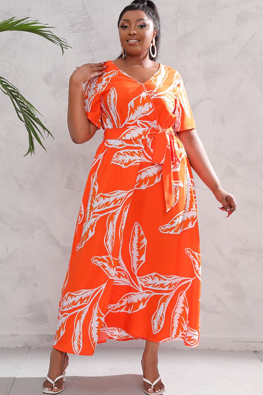 Plus Size Printed Surplice Short Sleeve Maxi Dress