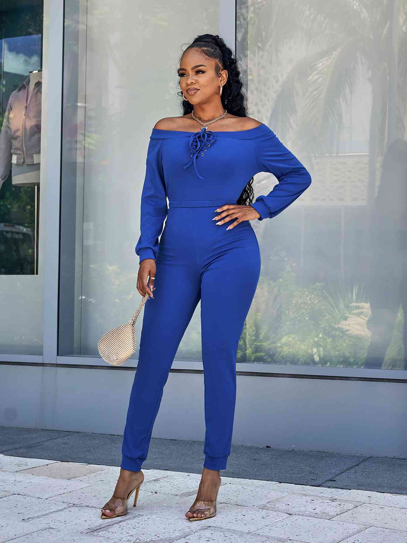 Lace-Up Off-Shoulder Long Sleeve Jumpsuit