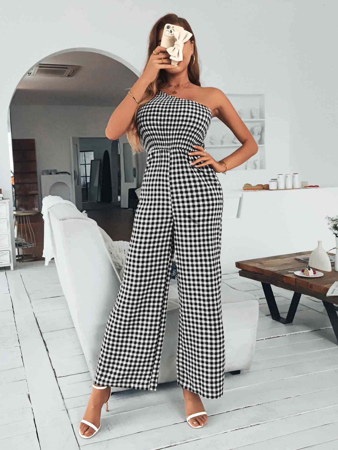 Plaid One-Shoulder Wide Leg Jumpsuit with Pockets