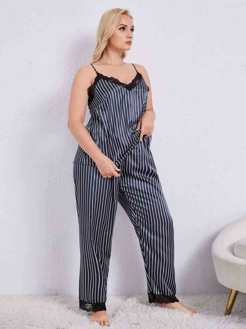 Plus Size Vertical Stripe Lace Trim Cami and Pants Pajama Set