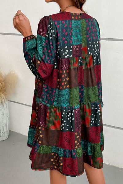 Printed Balloon Sleeve Tiered Dress